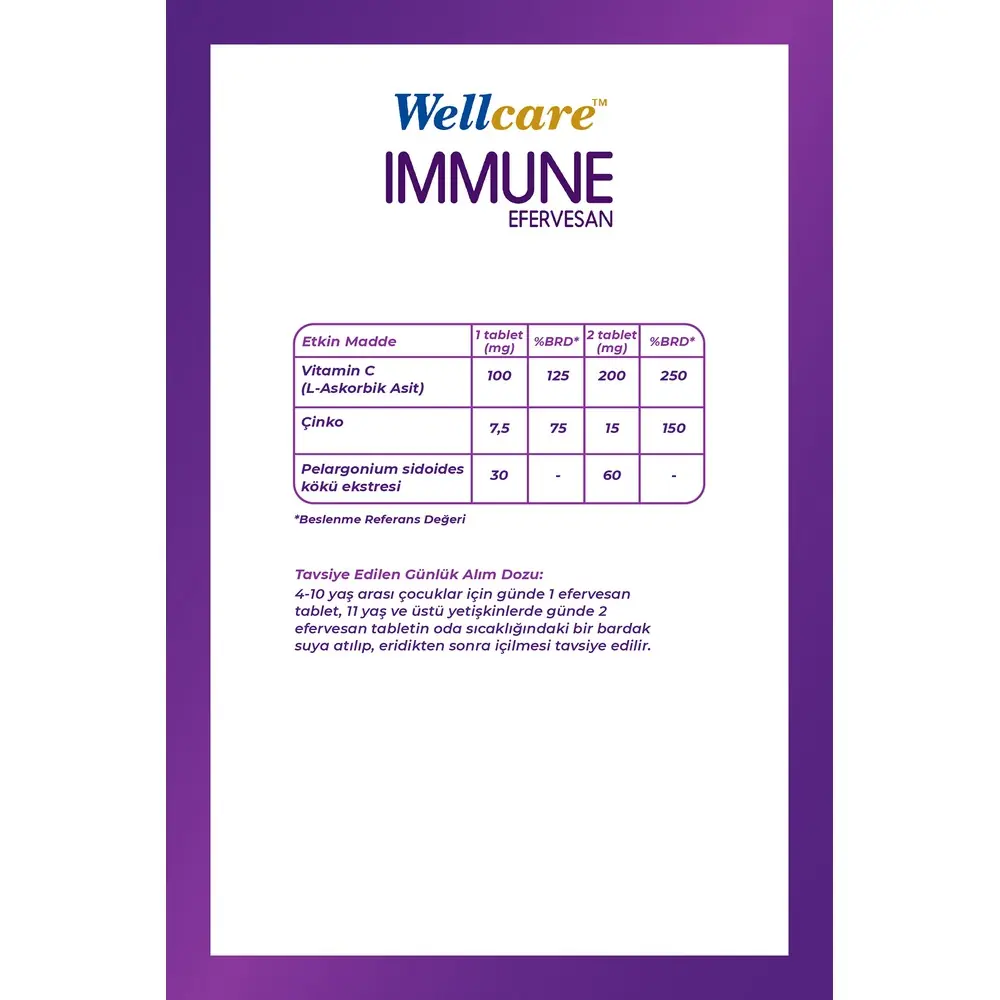 Wellcare Immune Pelargonium ve Çinko İçeren 15 Efervesan Tablet