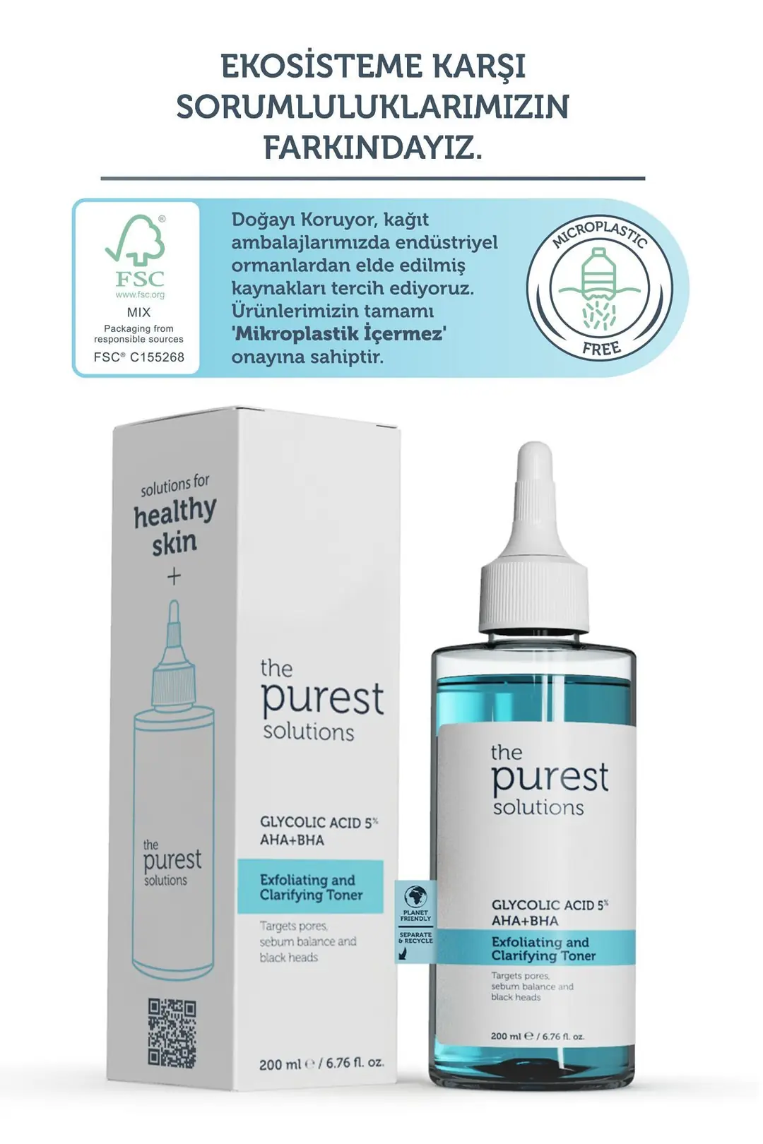 The Purest Solutions Glycolic Acid 5% AHA + BHA Gözenek Sıkılaştırıcı ve Arındırıcı Tonik 200 ml