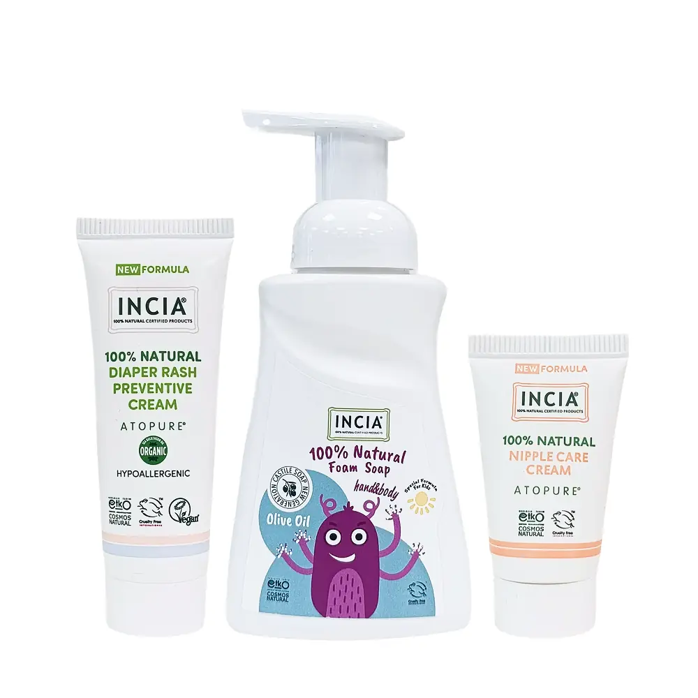 INCIA Doğal Anne Bebek Seti Pişik Önleyici Krem 60 ml - Zeytinyağlı Köpük Sabun 200 ml - Göğüs Ucu Bakım Kremi 30 ml