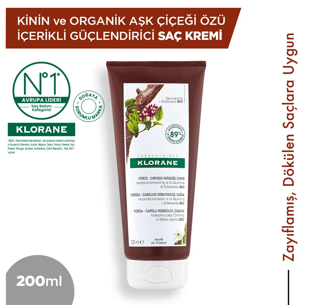 Klorane Kinin ve Organik Aşk Çiçeği Özlü Güçlendirici Saç Kremi 200 ml